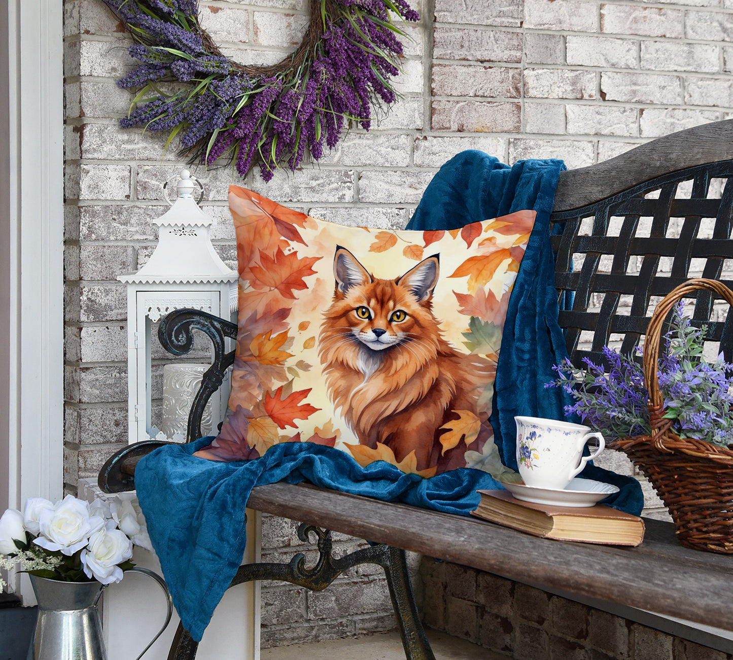 Somali Cat in Fall Leaves Throw Pillow