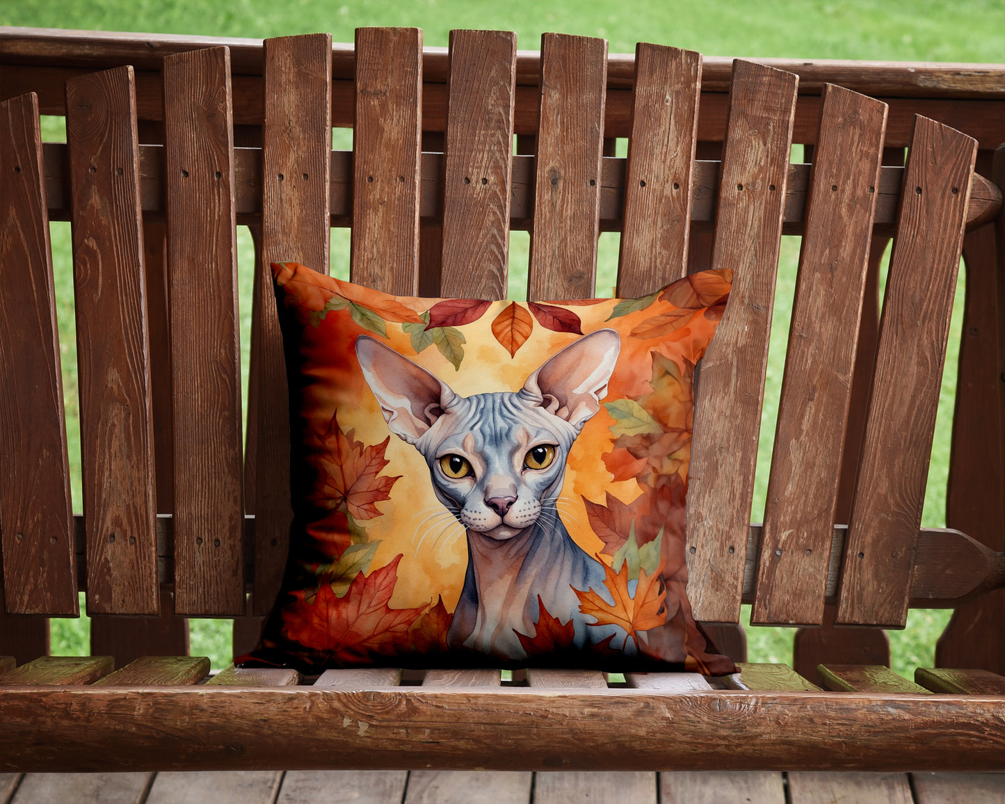 Sphynx Cat in Fall Leaves Throw Pillow