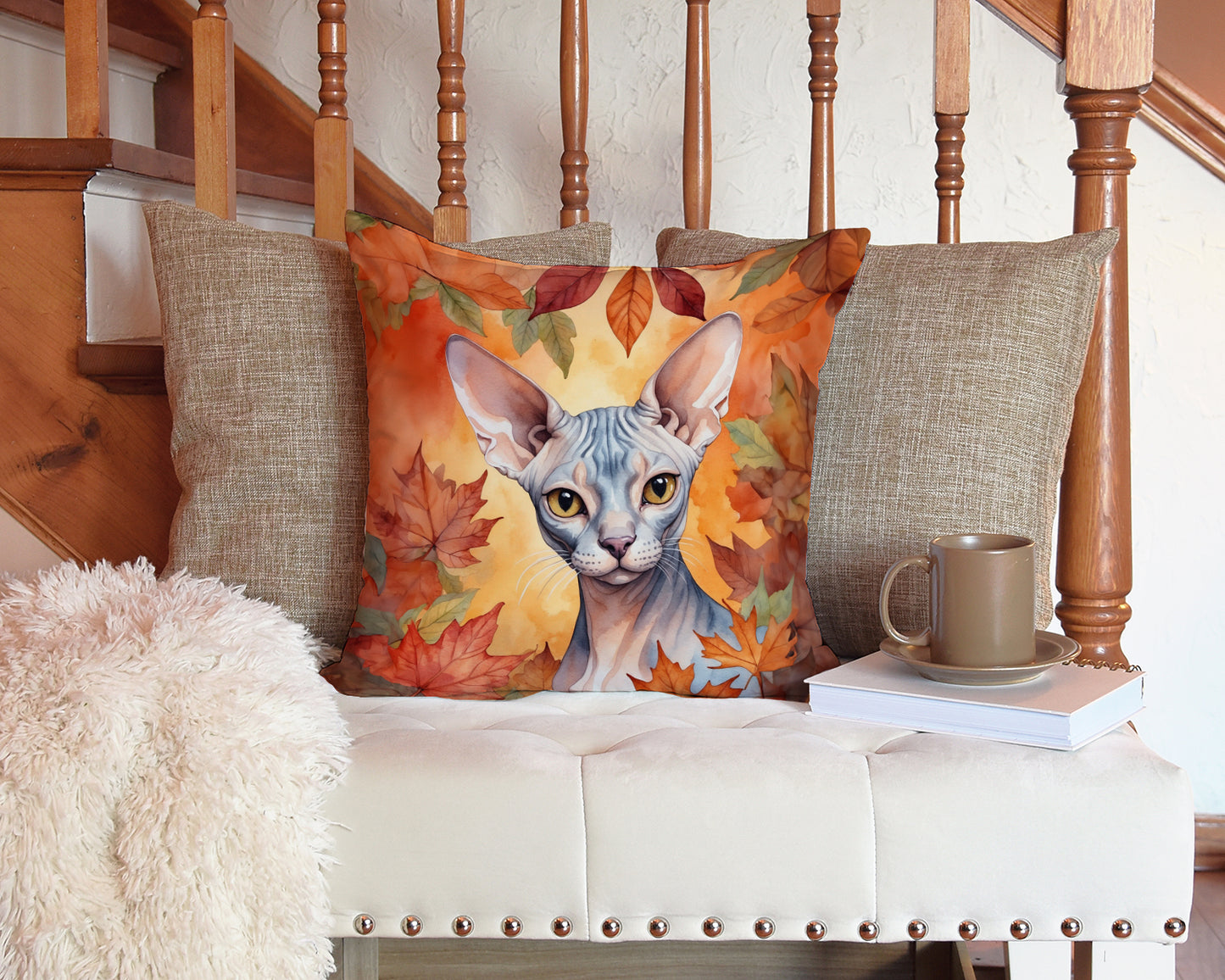 Sphynx Cat in Fall Leaves Throw Pillow