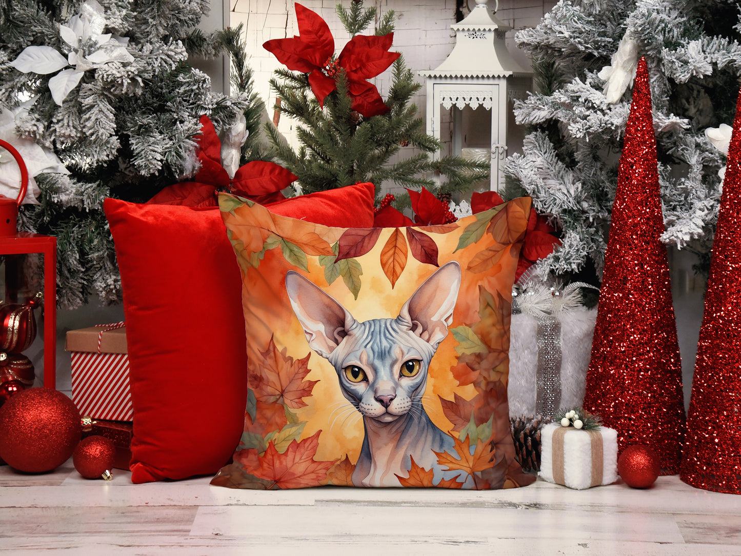 Sphynx Cat in Fall Leaves Throw Pillow