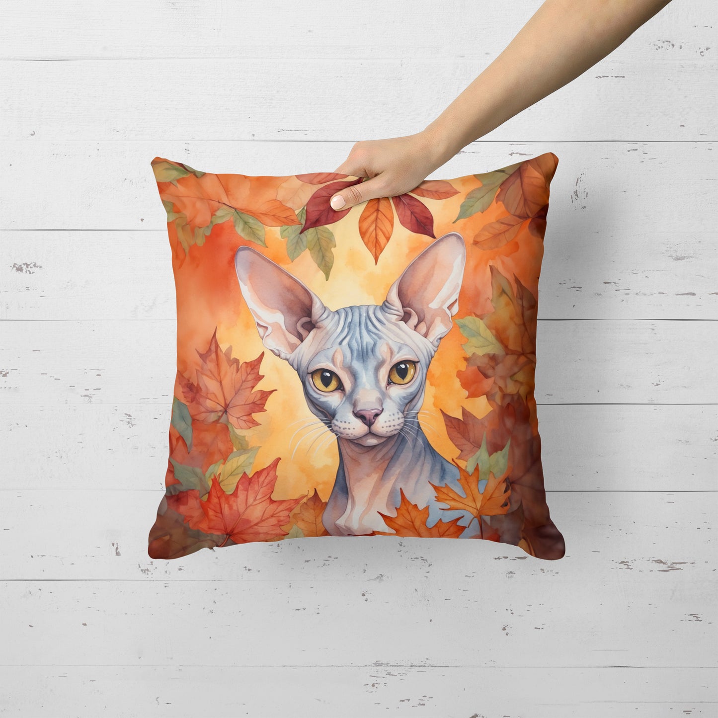 Sphynx Cat in Fall Leaves Throw Pillow