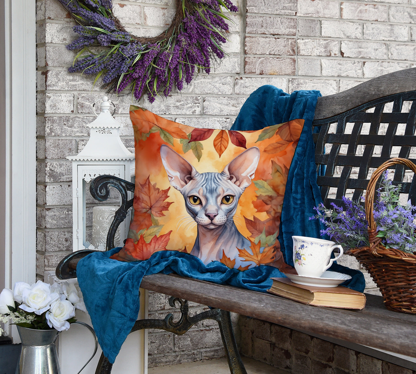 Sphynx Cat in Fall Leaves Throw Pillow