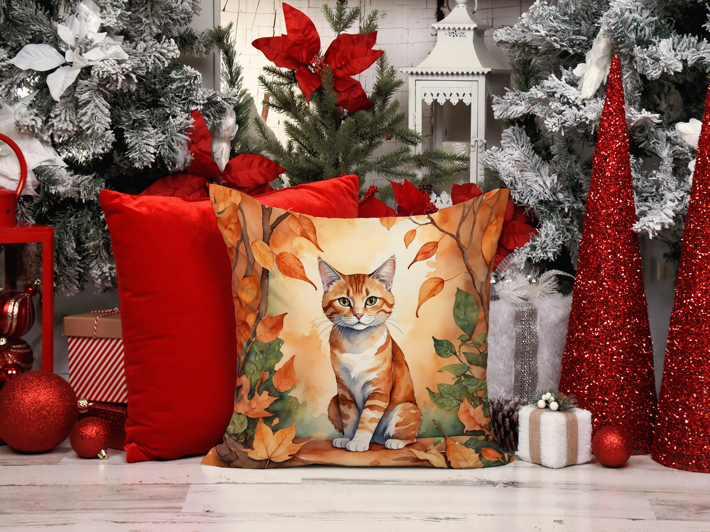 Suphalak Cat in Fall Leaves Throw Pillow