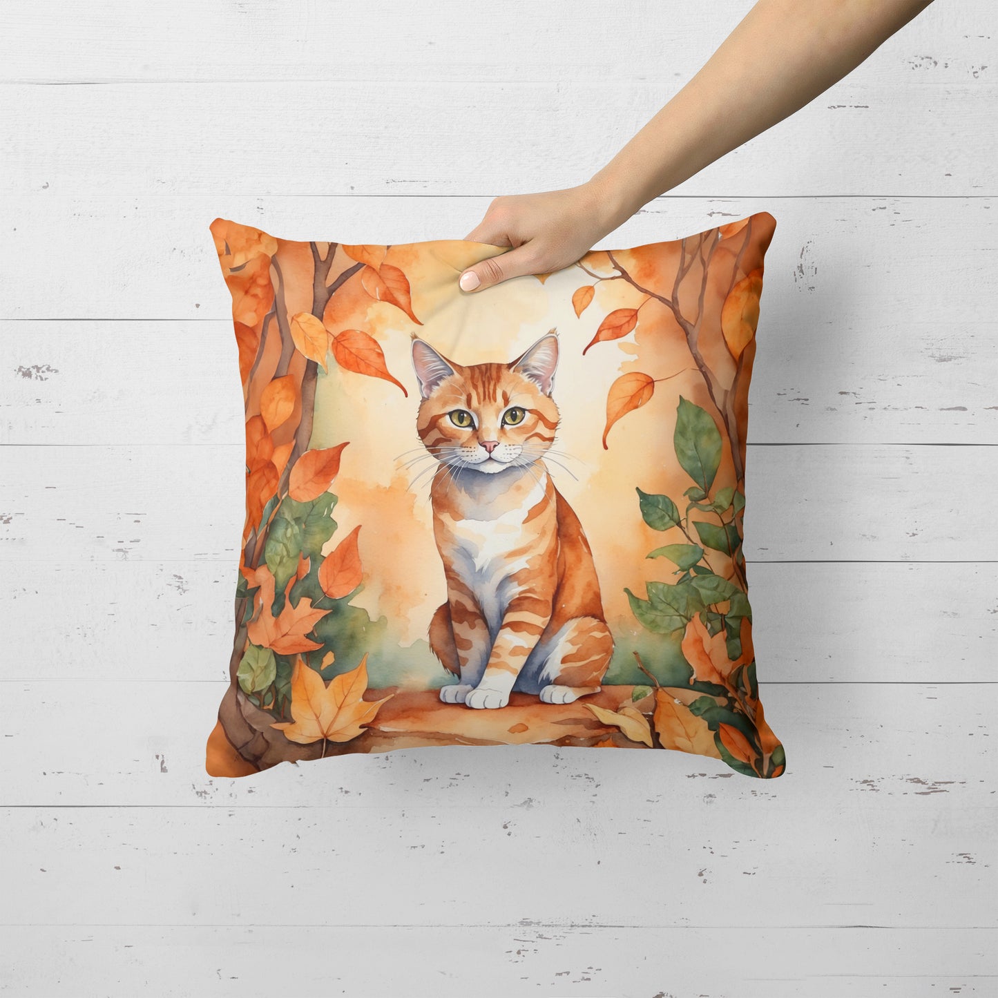 Suphalak Cat in Fall Leaves Throw Pillow