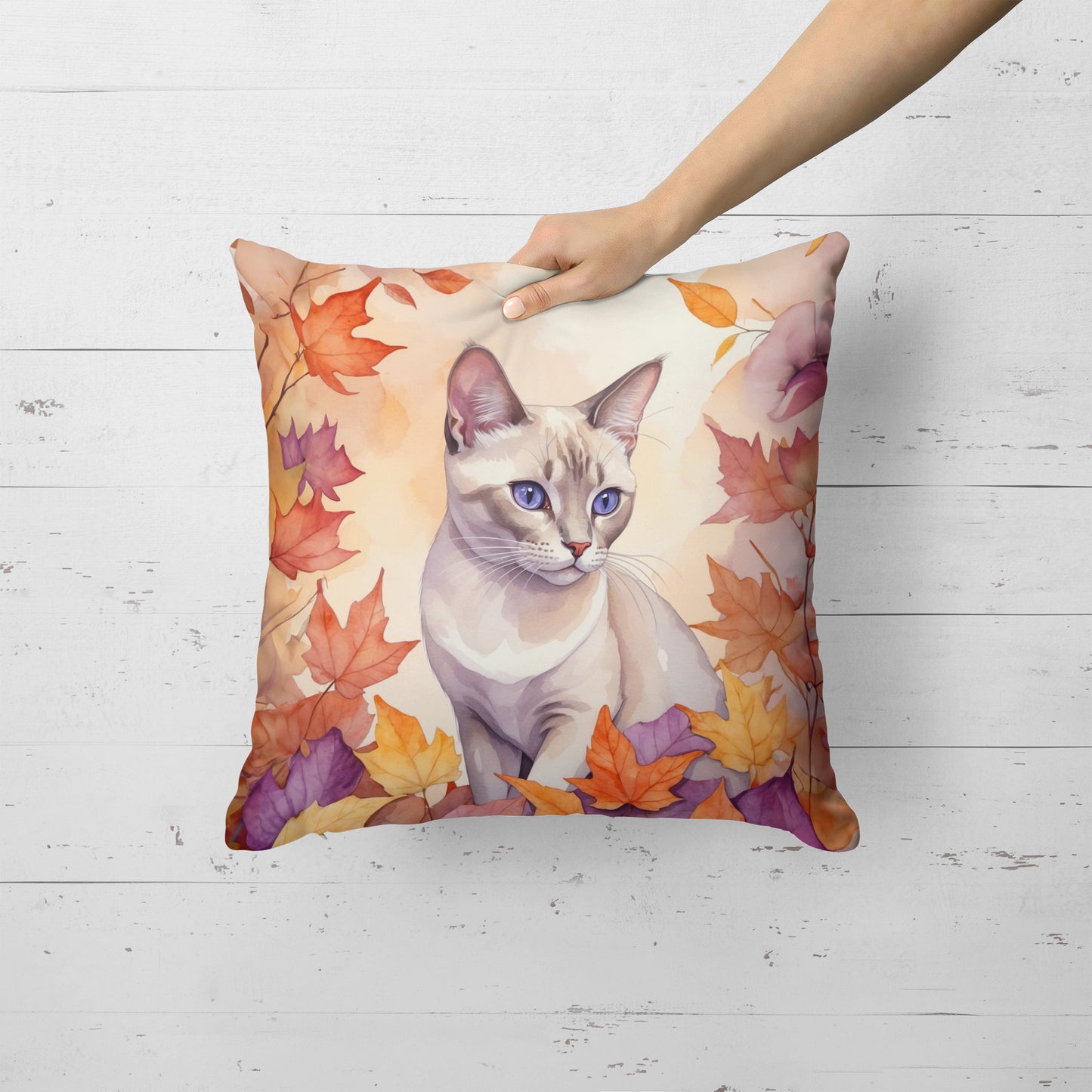 Thai Lilac Cat in Fall Leaves Throw Pillow