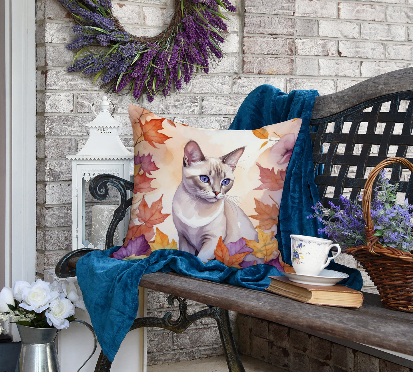 Thai Lilac Cat in Fall Leaves Throw Pillow