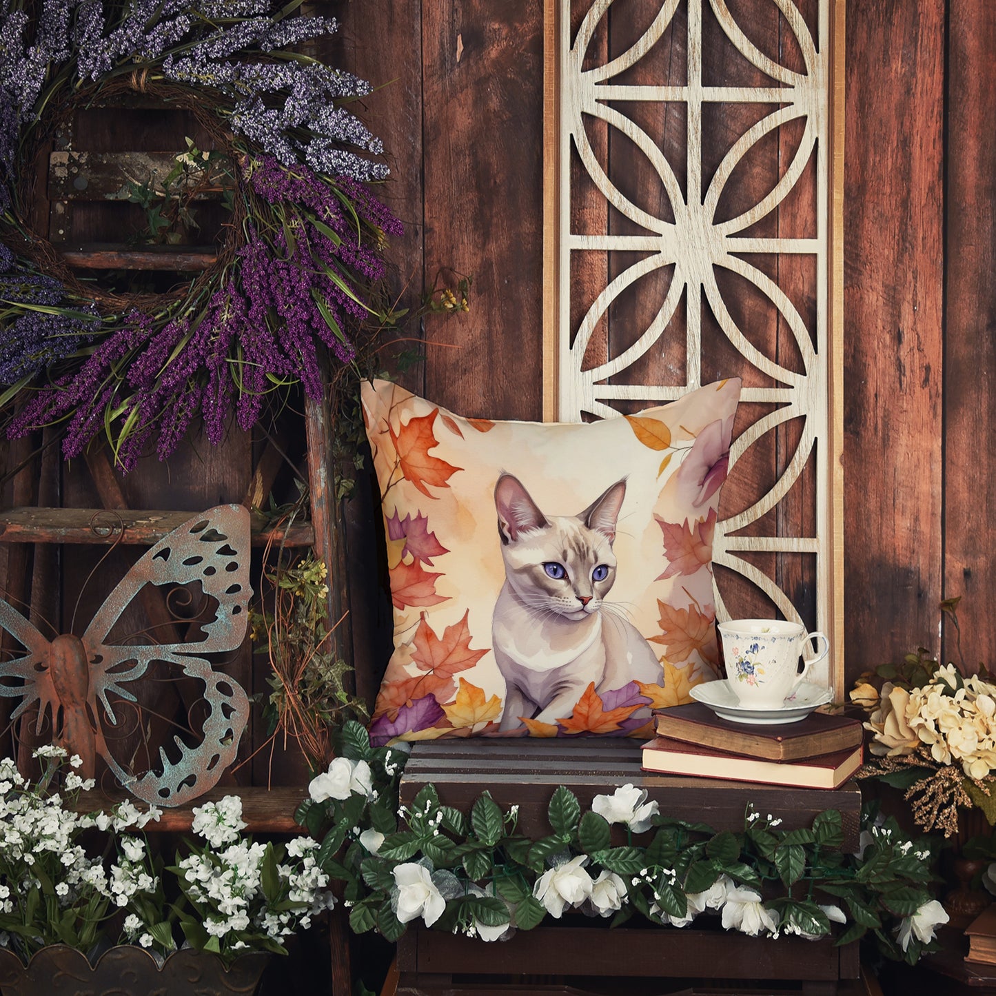 Thai Lilac Cat in Fall Leaves Throw Pillow