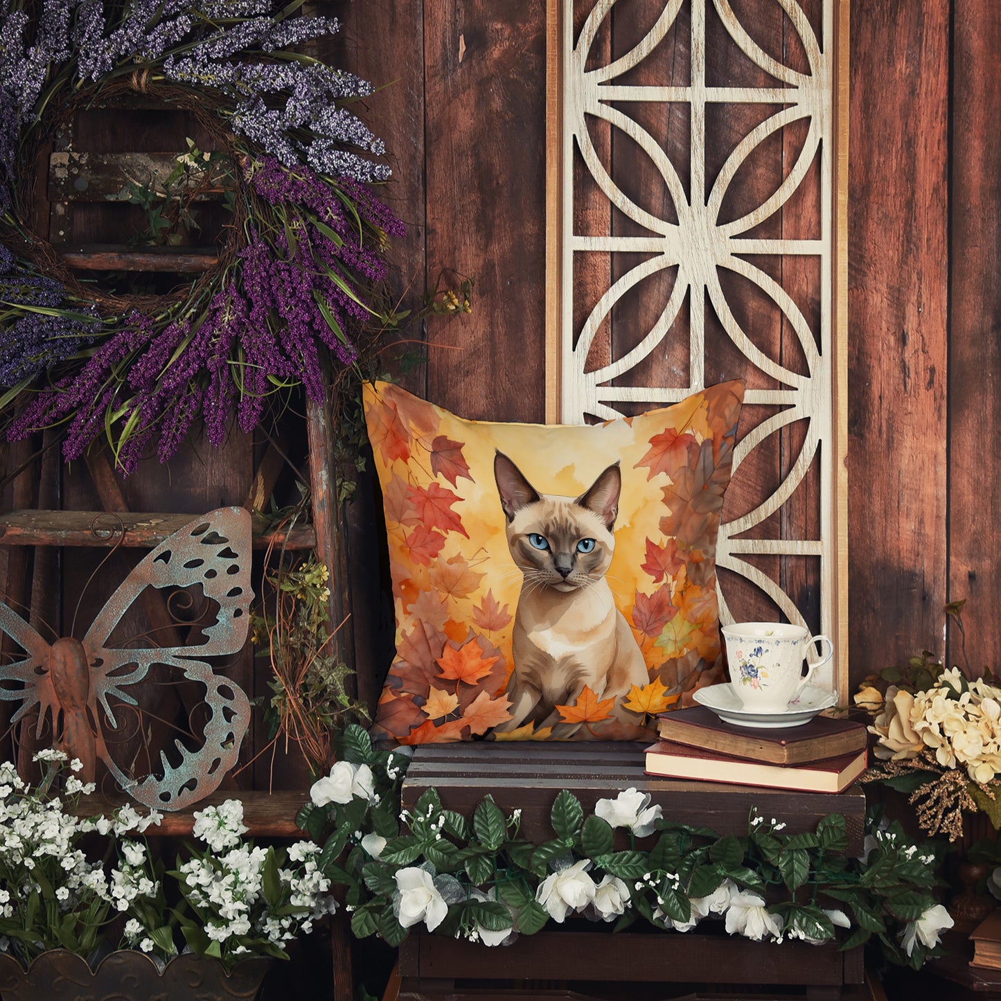 Tonkinese Cat in Fall Leaves Throw Pillow