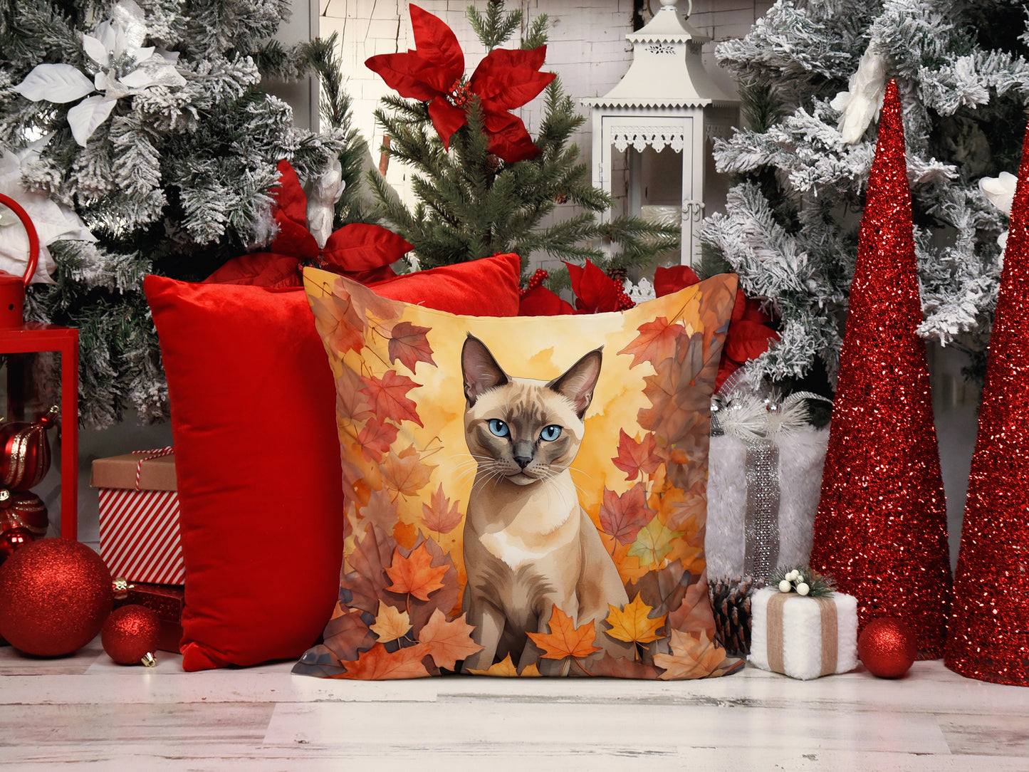 Tonkinese Cat in Fall Leaves Throw Pillow