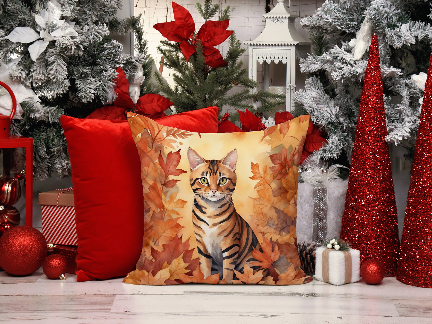 Toyger Cat in Fall Leaves Throw Pillow