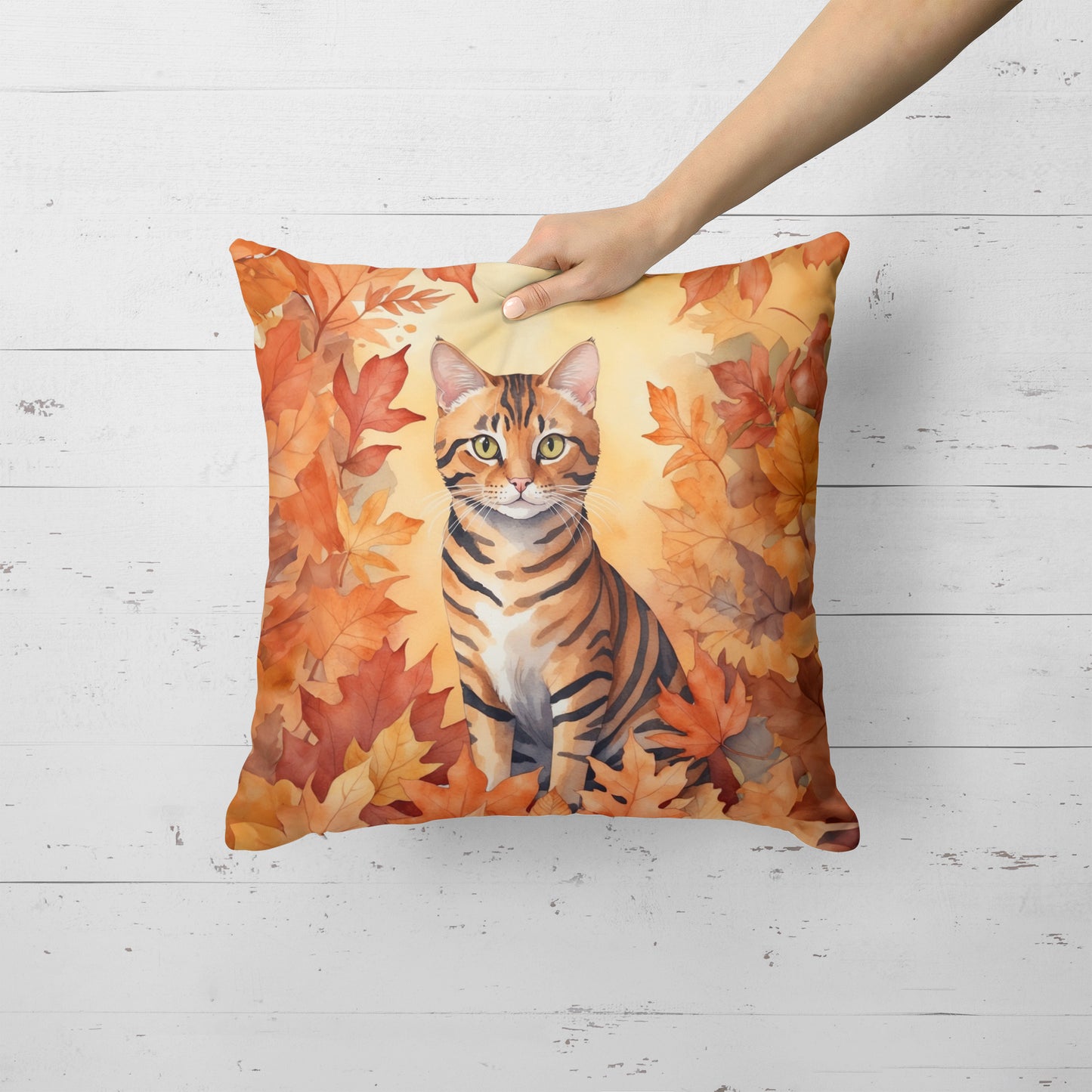 Toyger Cat in Fall Leaves Throw Pillow