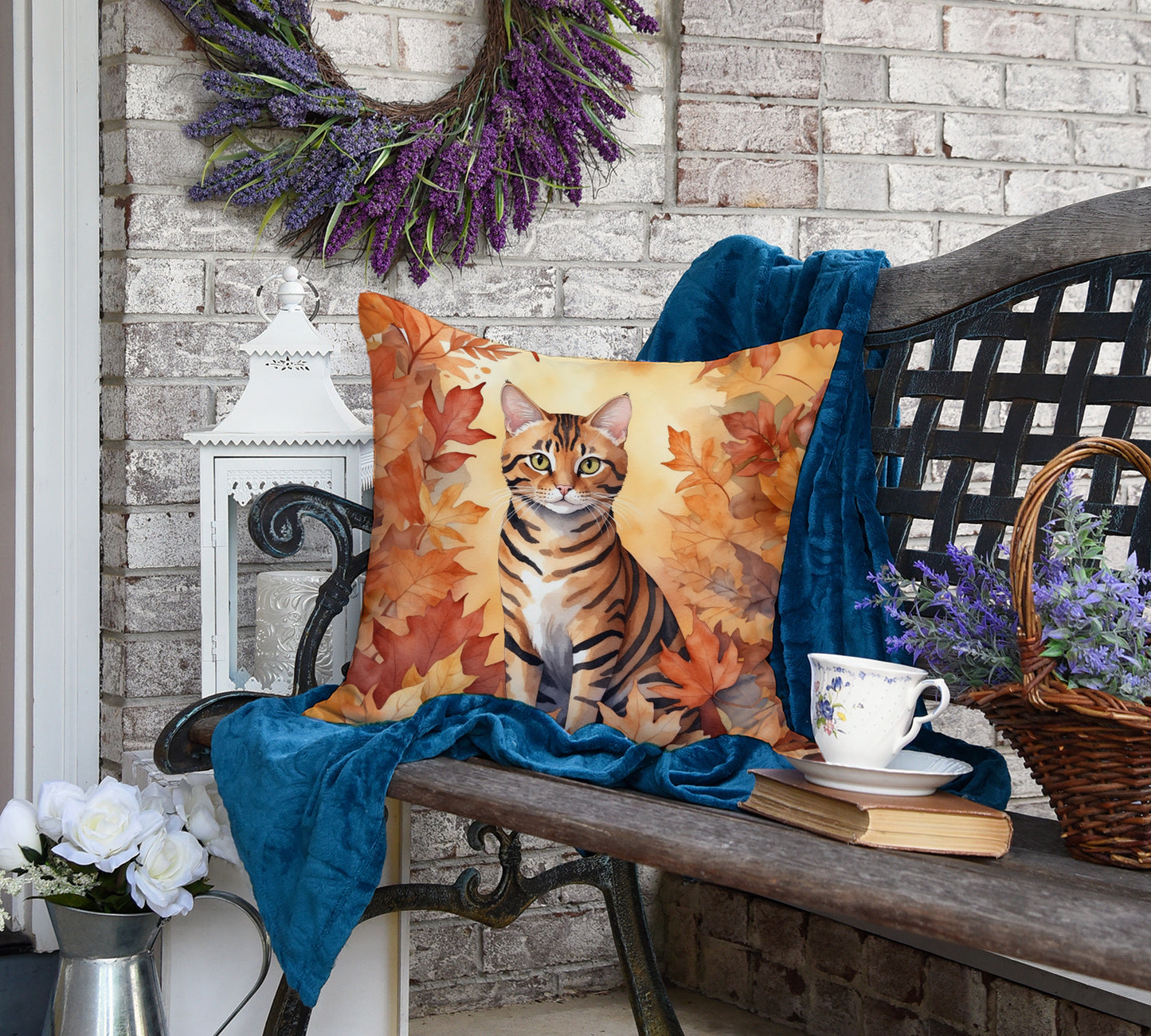 Toyger Cat in Fall Leaves Throw Pillow