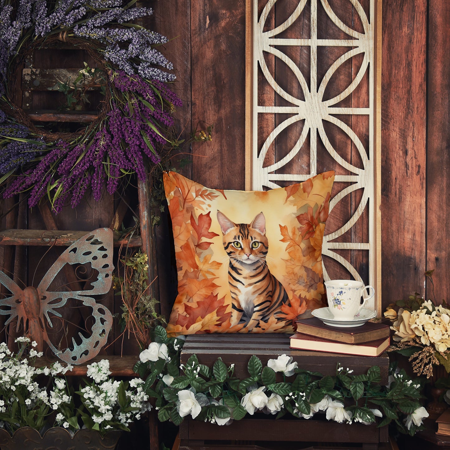 Toyger Cat in Fall Leaves Throw Pillow