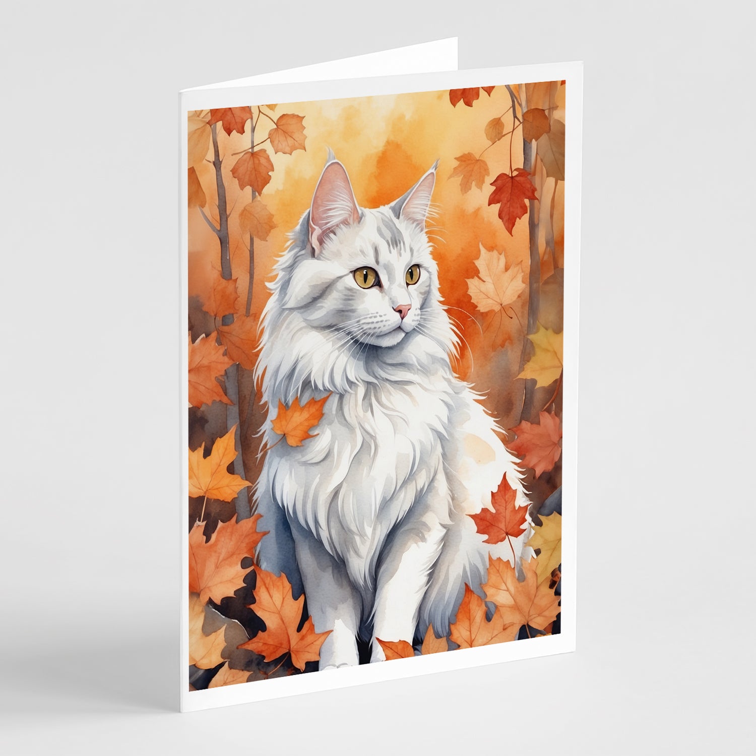 Buy this Turkish Angora Cat in Fall Leaves Greeting Cards Pack of 8