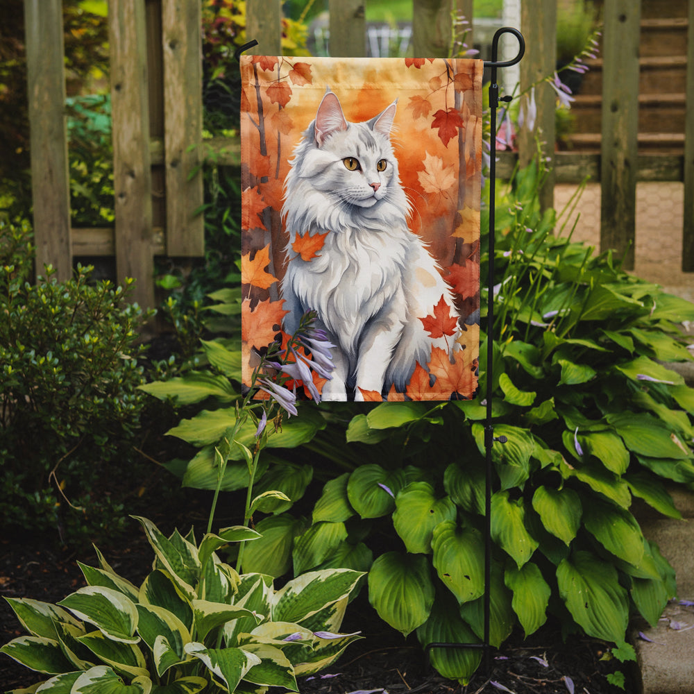 Turkish Angora Cat in Fall Leaves Garden Flag
