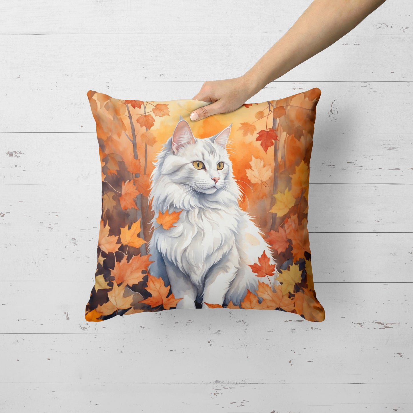 Turkish Angora Cat in Fall Leaves Throw Pillow