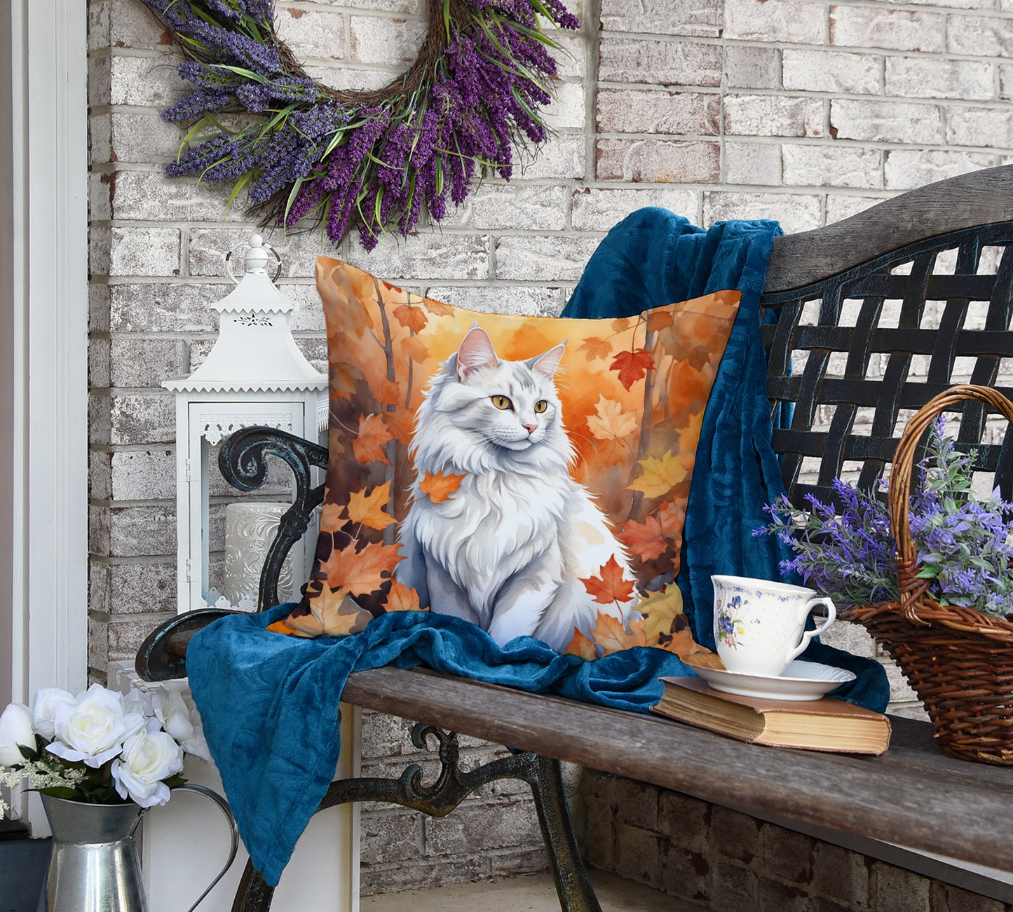 Turkish Angora Cat in Fall Leaves Throw Pillow