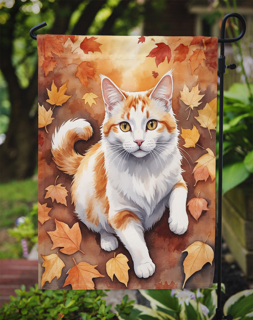 Turkish Van Cat in Fall Leaves Garden Flag