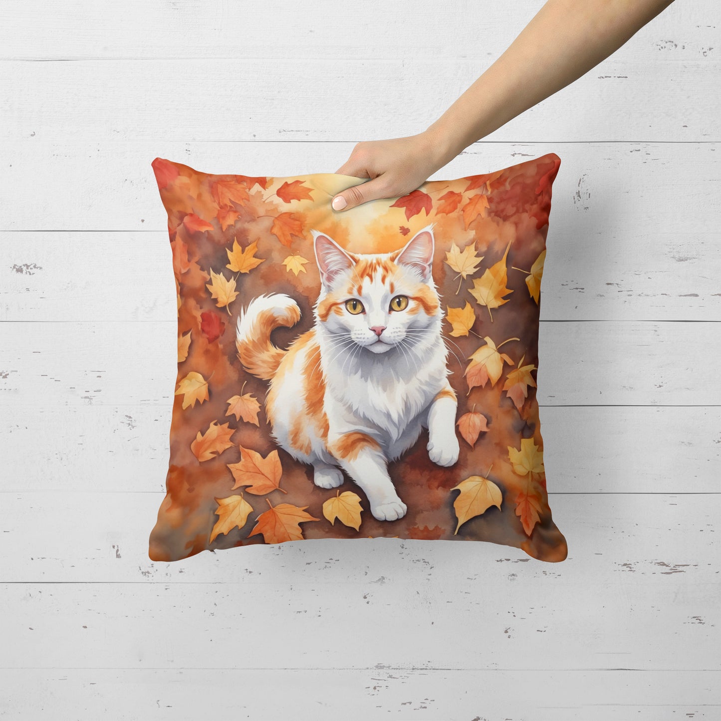 Turkish Van Cat in Fall Leaves Throw Pillow