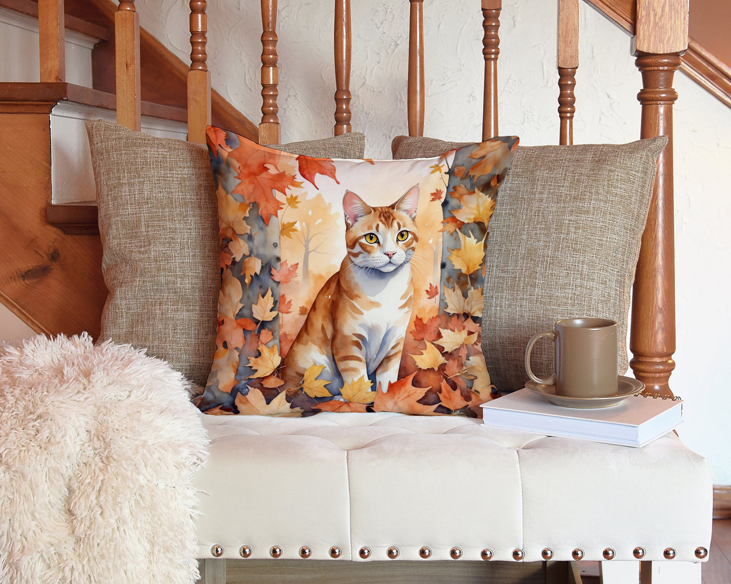 Ural Rex Cat in Fall Leaves Throw Pillow