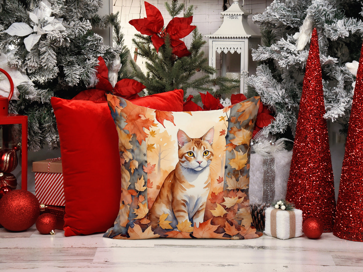 Ural Rex Cat in Fall Leaves Throw Pillow