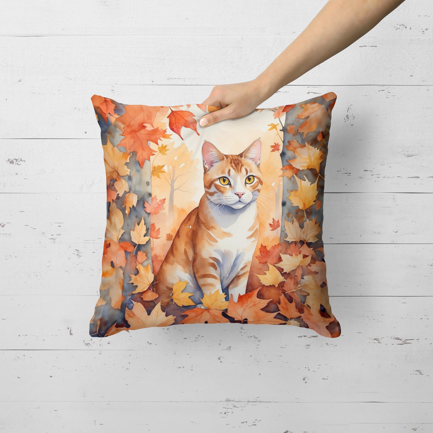 Ural Rex Cat in Fall Leaves Throw Pillow