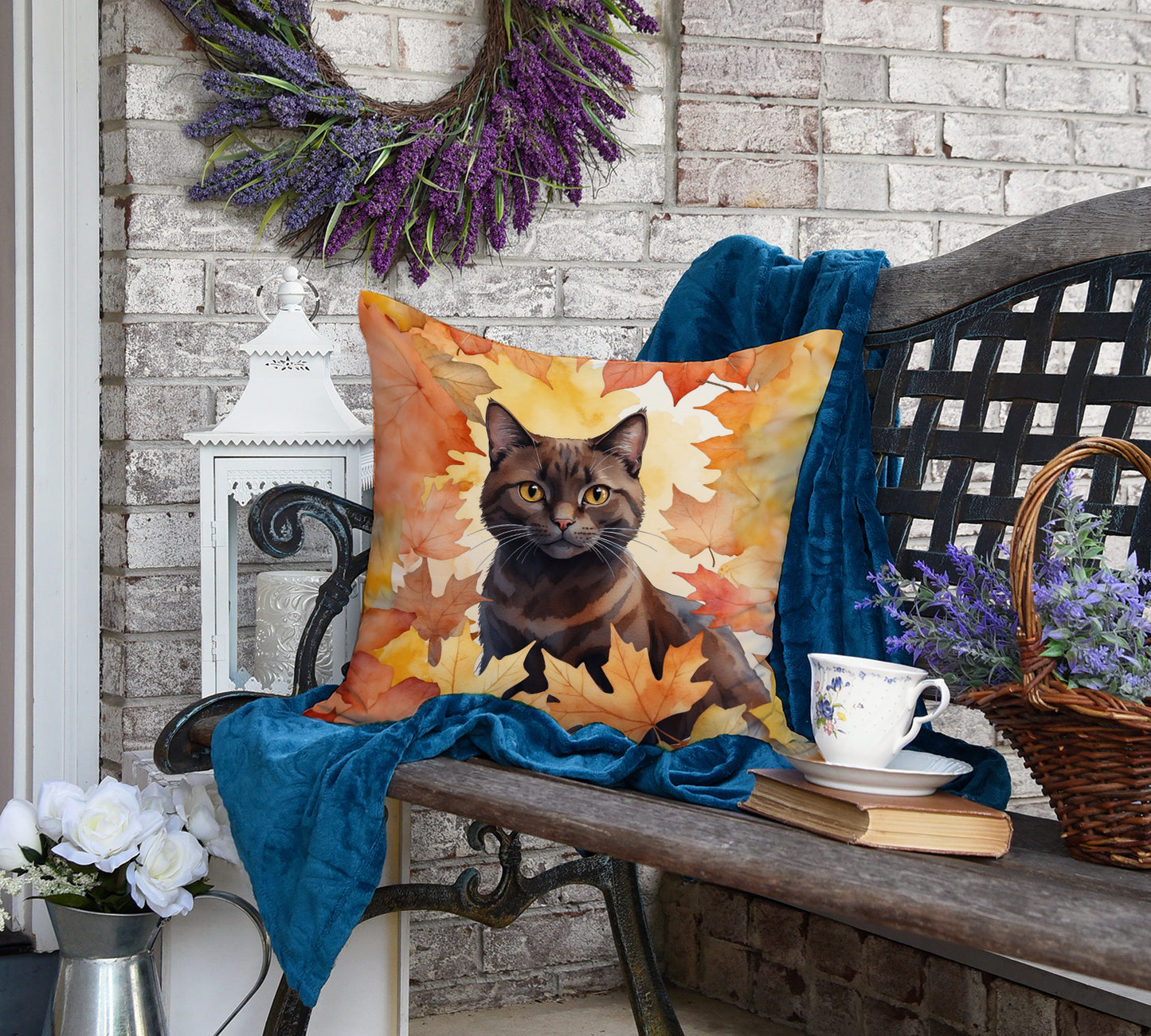 York Chocolate Cat in Fall Leaves Throw Pillow