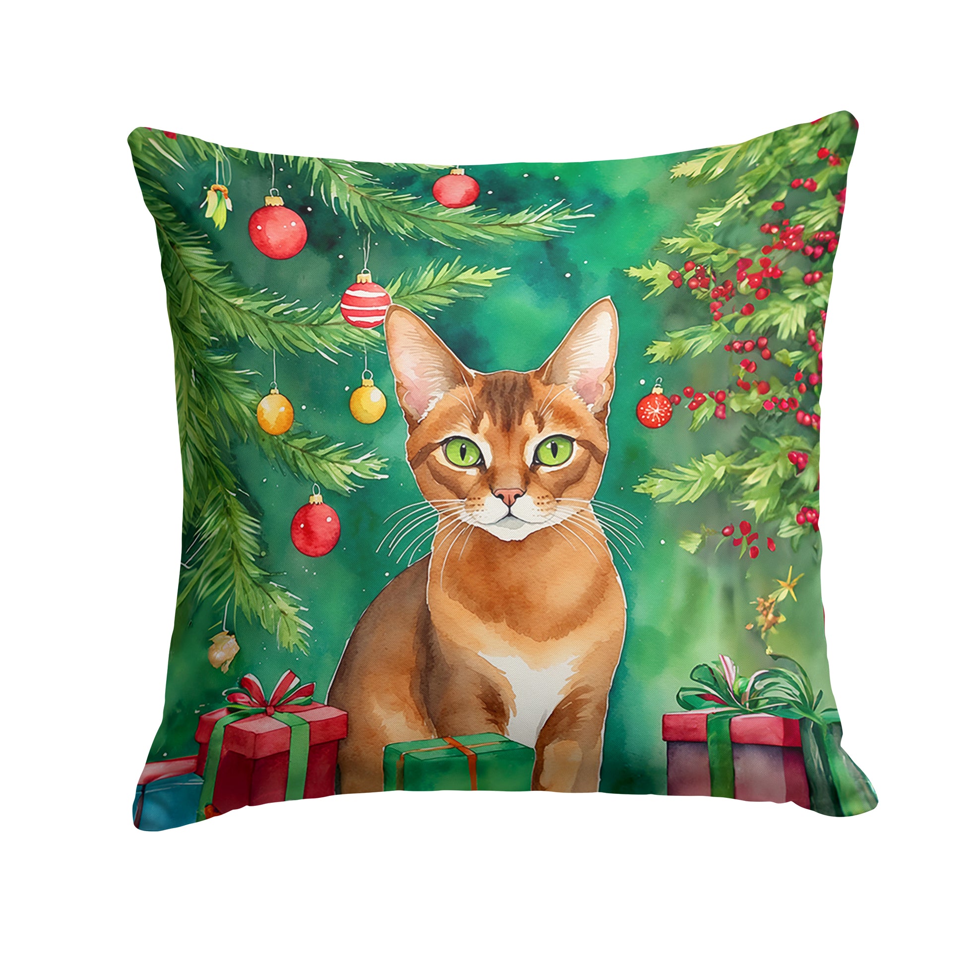 Buy this Abyssinian Cat By the Christmas Tree Throw Pillow