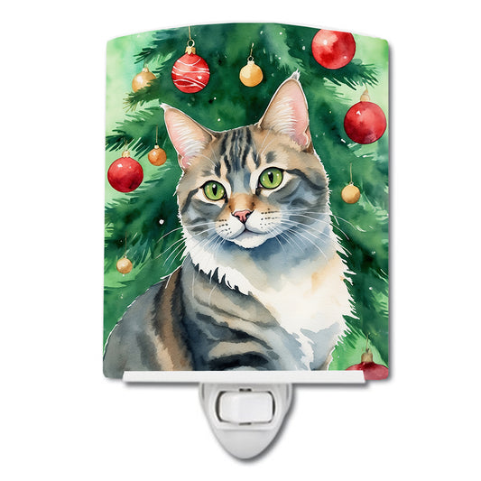 Buy this American Bobtail Cat By the Christmas Tree Ceramic Night Light