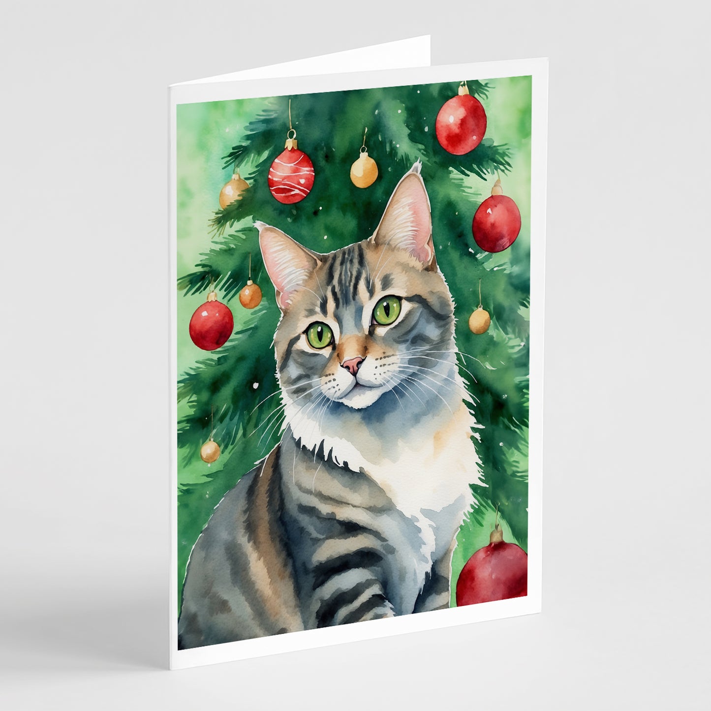 Buy this American Bobtail Cat By the Christmas Tree Greeting Cards Pack of 8