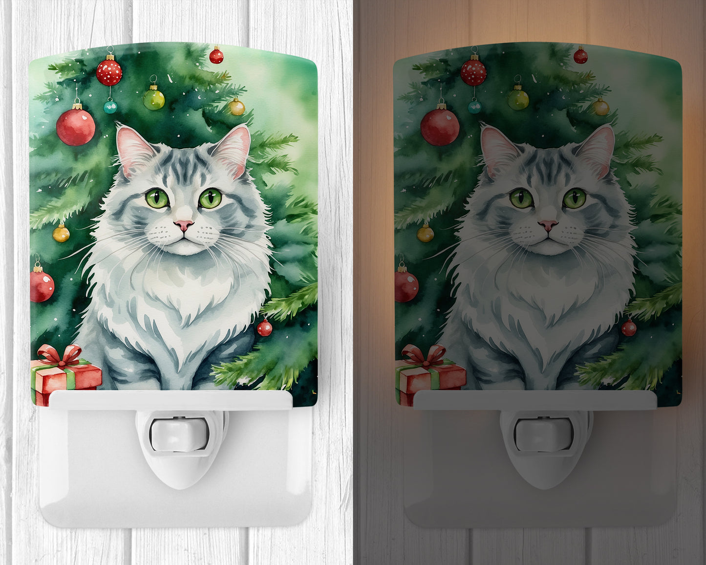 American Curl Cat By the Christmas Tree Ceramic Night Light