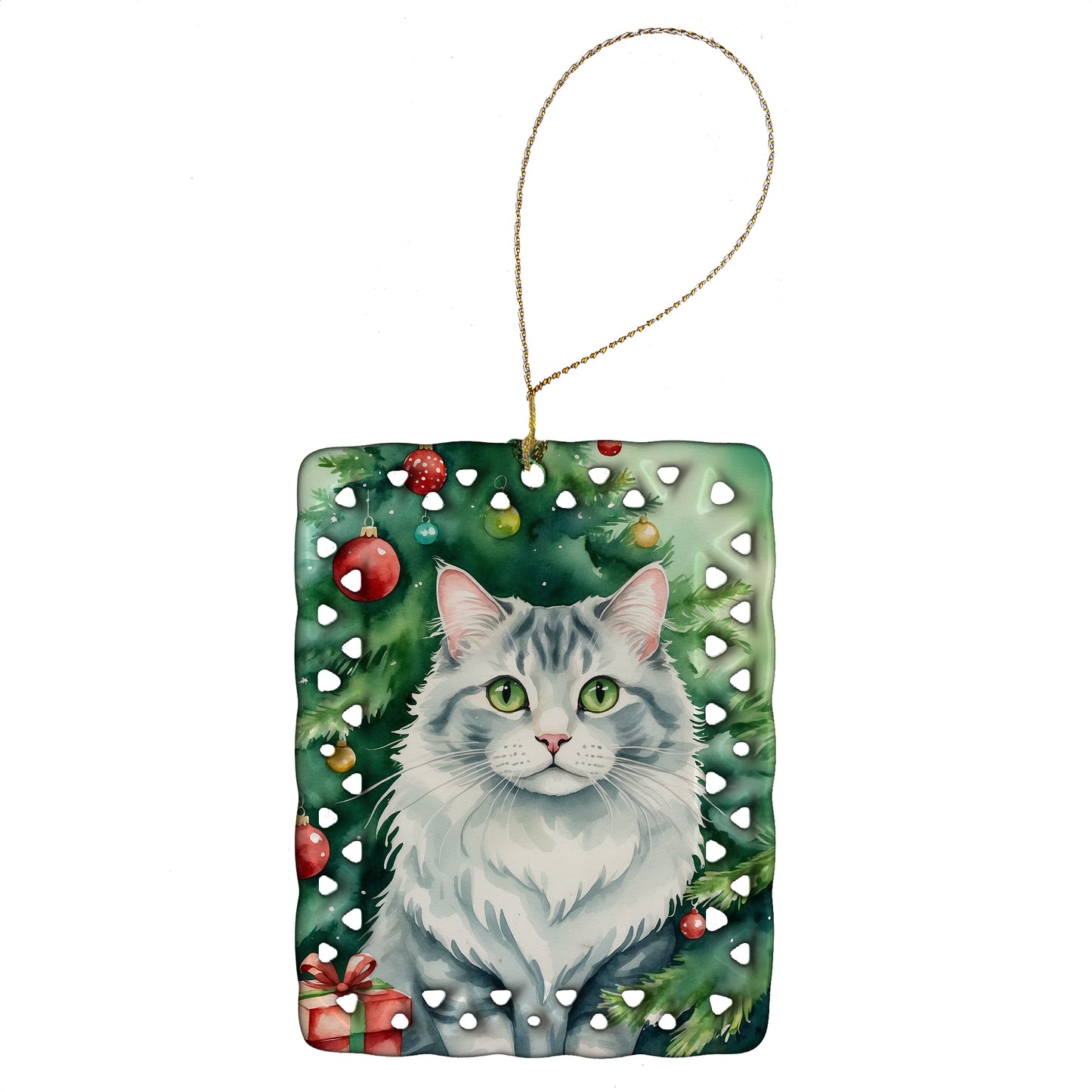 Buy this American Curl Cat By the Christmas Tree Porcelain Ornament