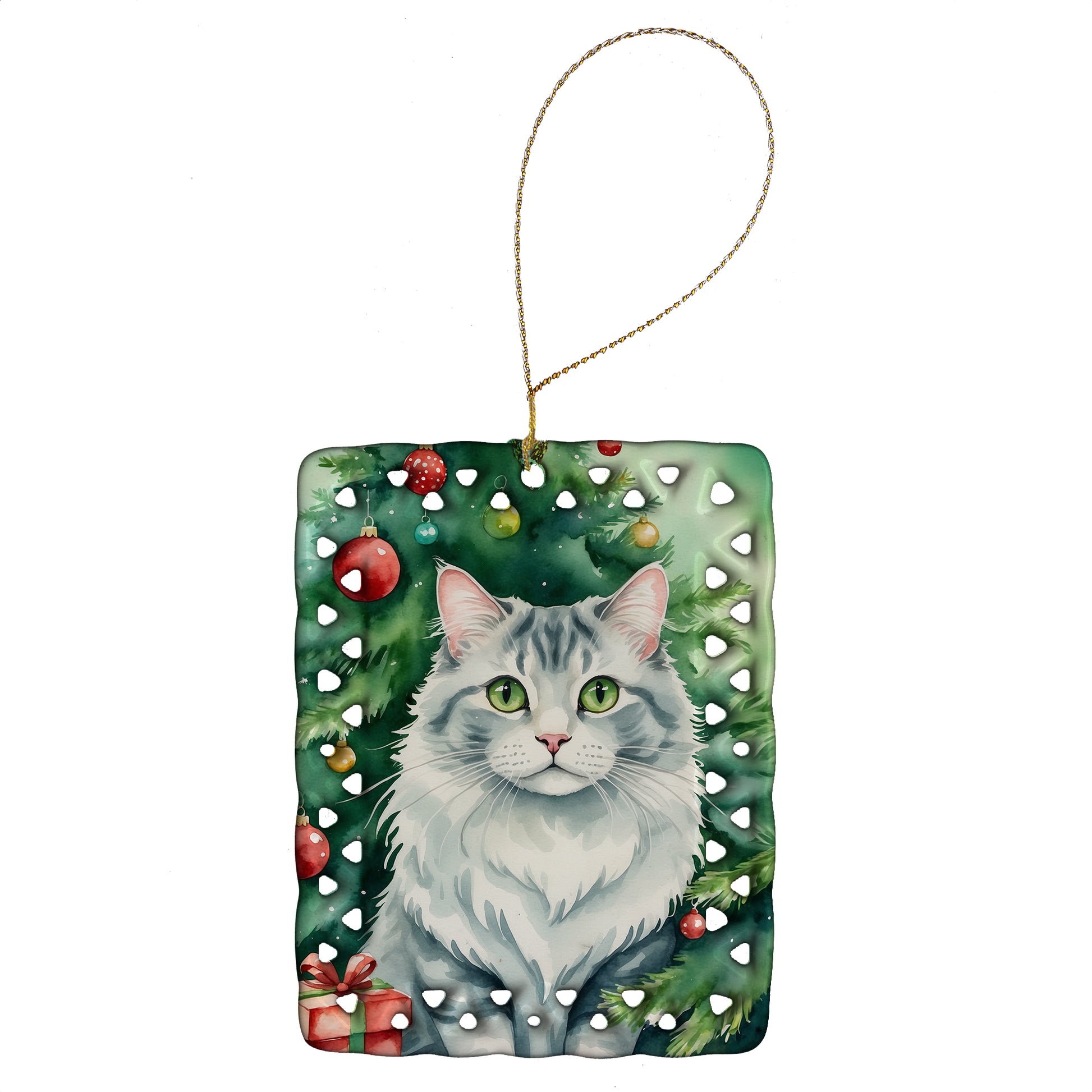 Buy this American Curl Cat By the Christmas Tree Porcelain Ornament