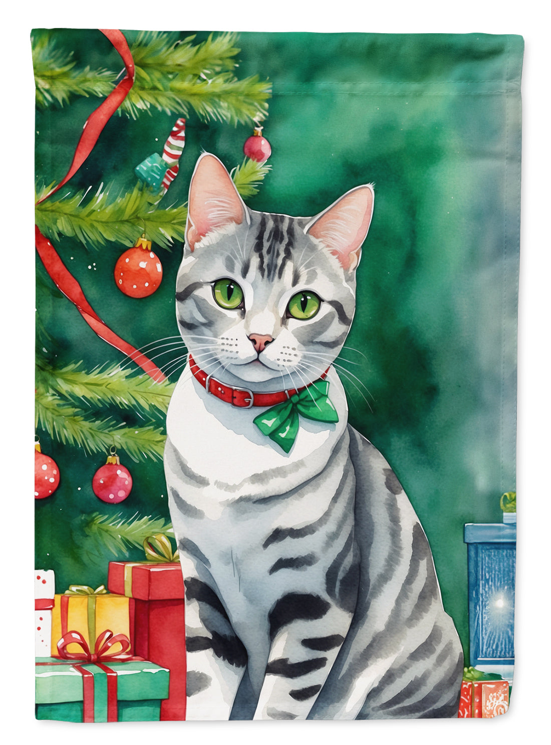 Buy this American Shorthair Cat By the Christmas Tree House Flag