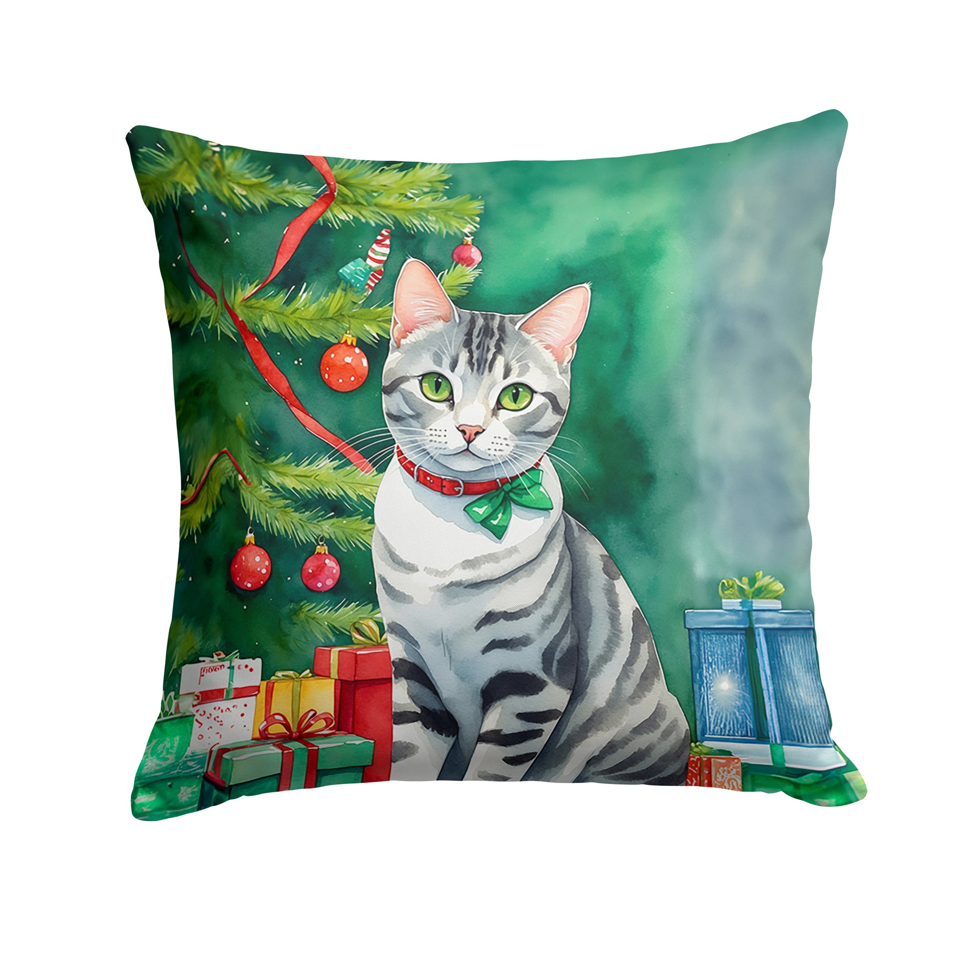 Buy this American Shorthair Cat By the Christmas Tree Throw Pillow