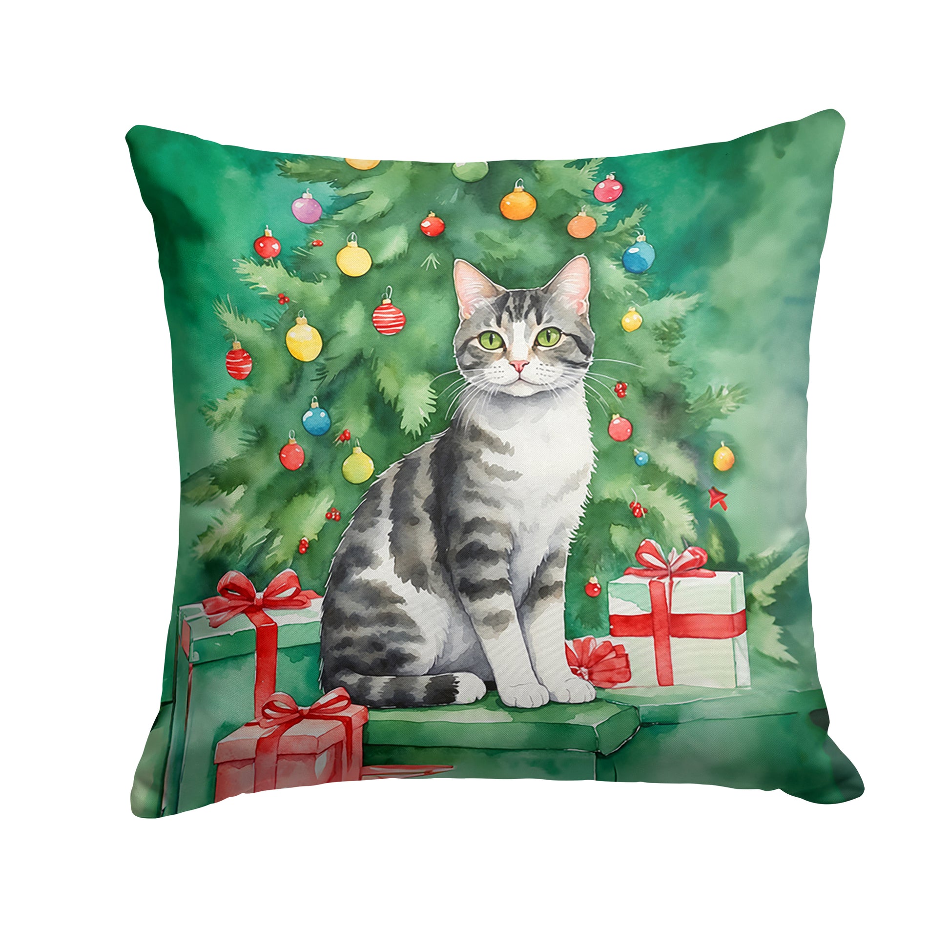 Buy this American Wirehair Cat By the Christmas Tree Throw Pillow