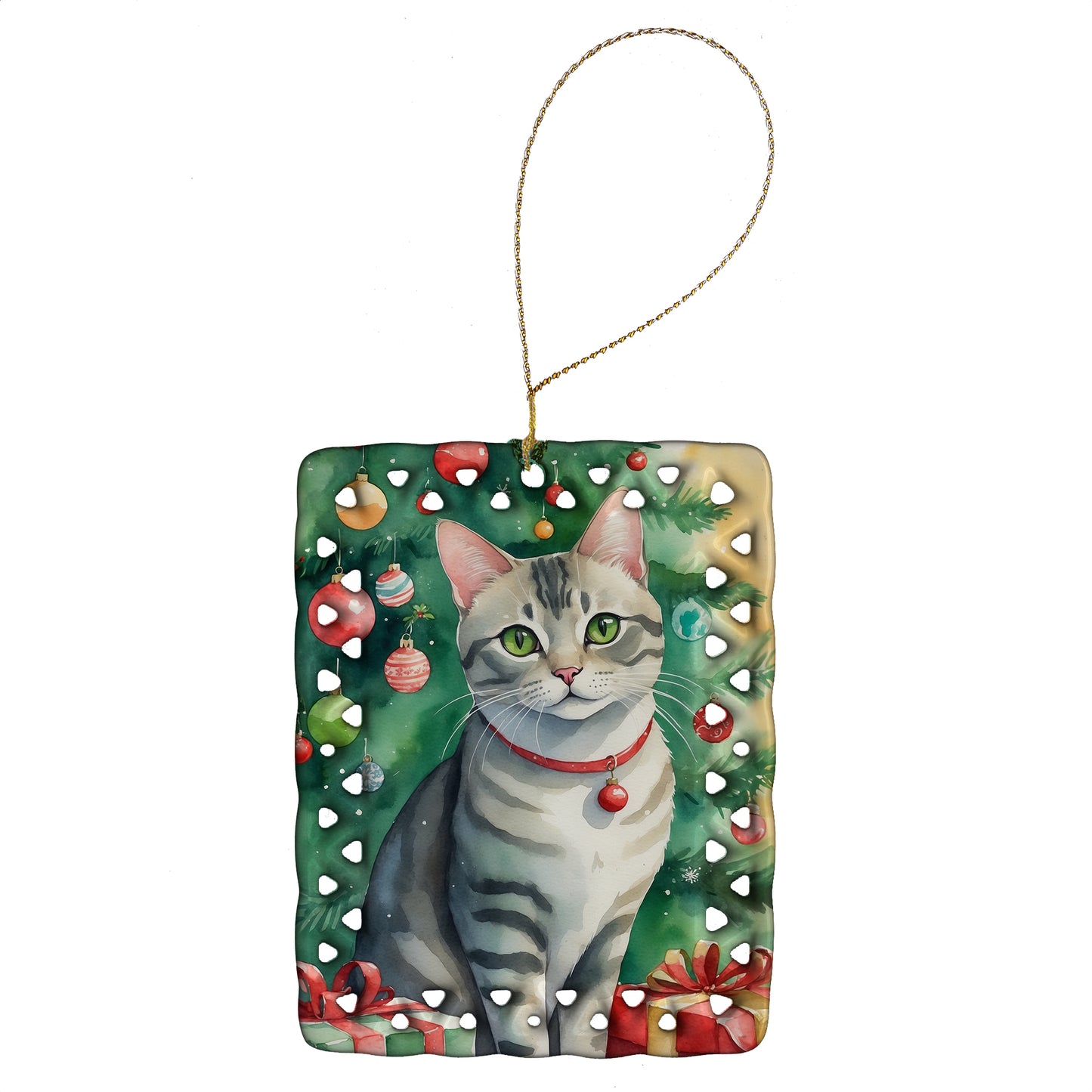 Buy this Asian Cat By the Christmas Tree Porcelain Ornament