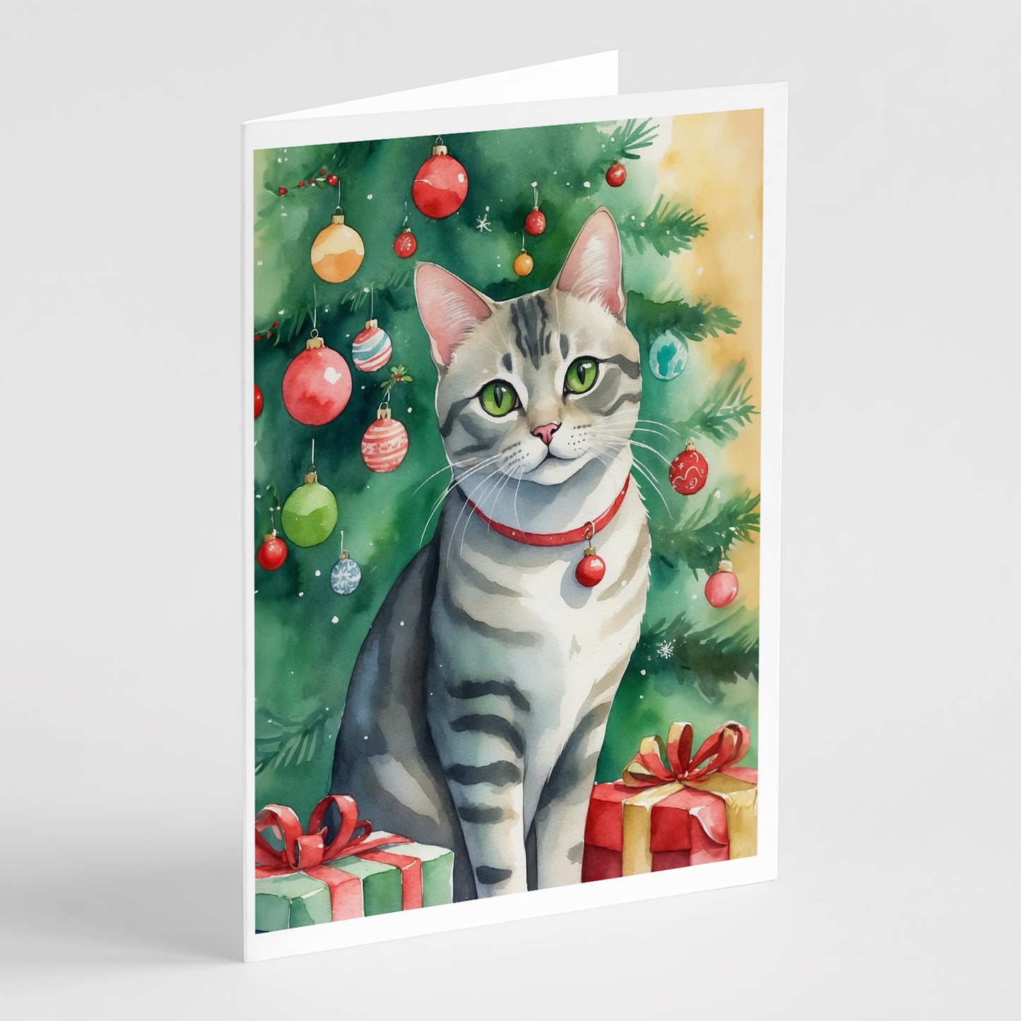 Buy this Asian Cat By the Christmas Tree Greeting Cards Pack of 8