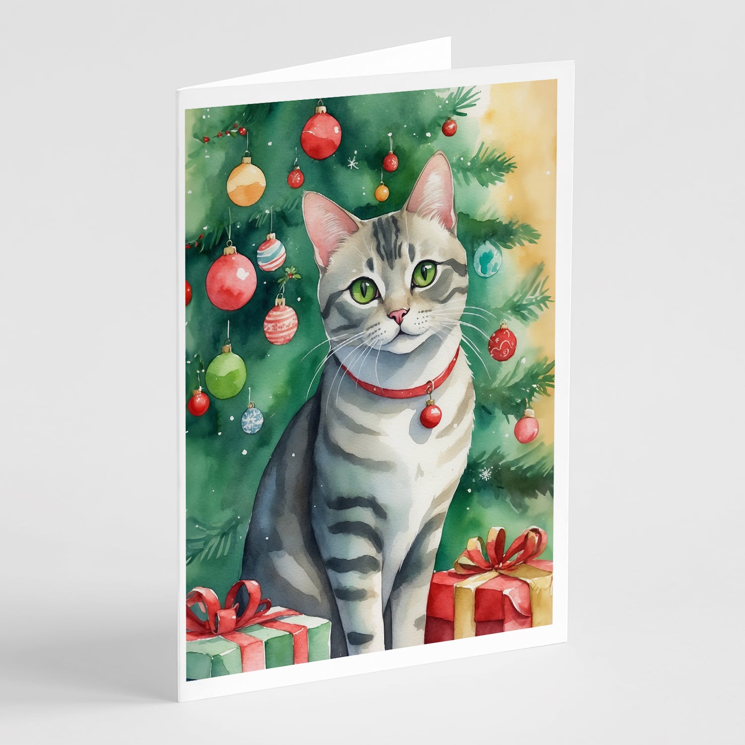 Buy this Asian Cat By the Christmas Tree Greeting Cards Pack of 8