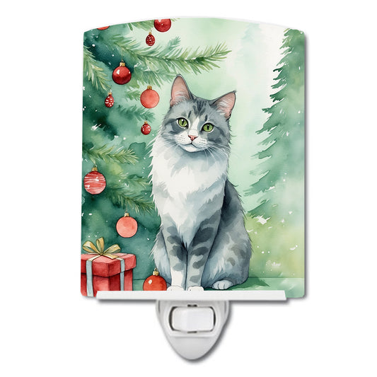 Buy this Australian Mist Cat By the Christmas Tree Ceramic Night Light