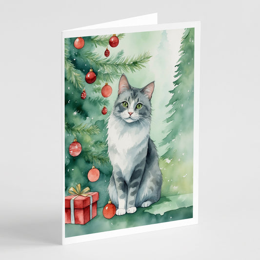 Buy this Australian Mist Cat By the Christmas Tree Greeting Cards Pack of 8