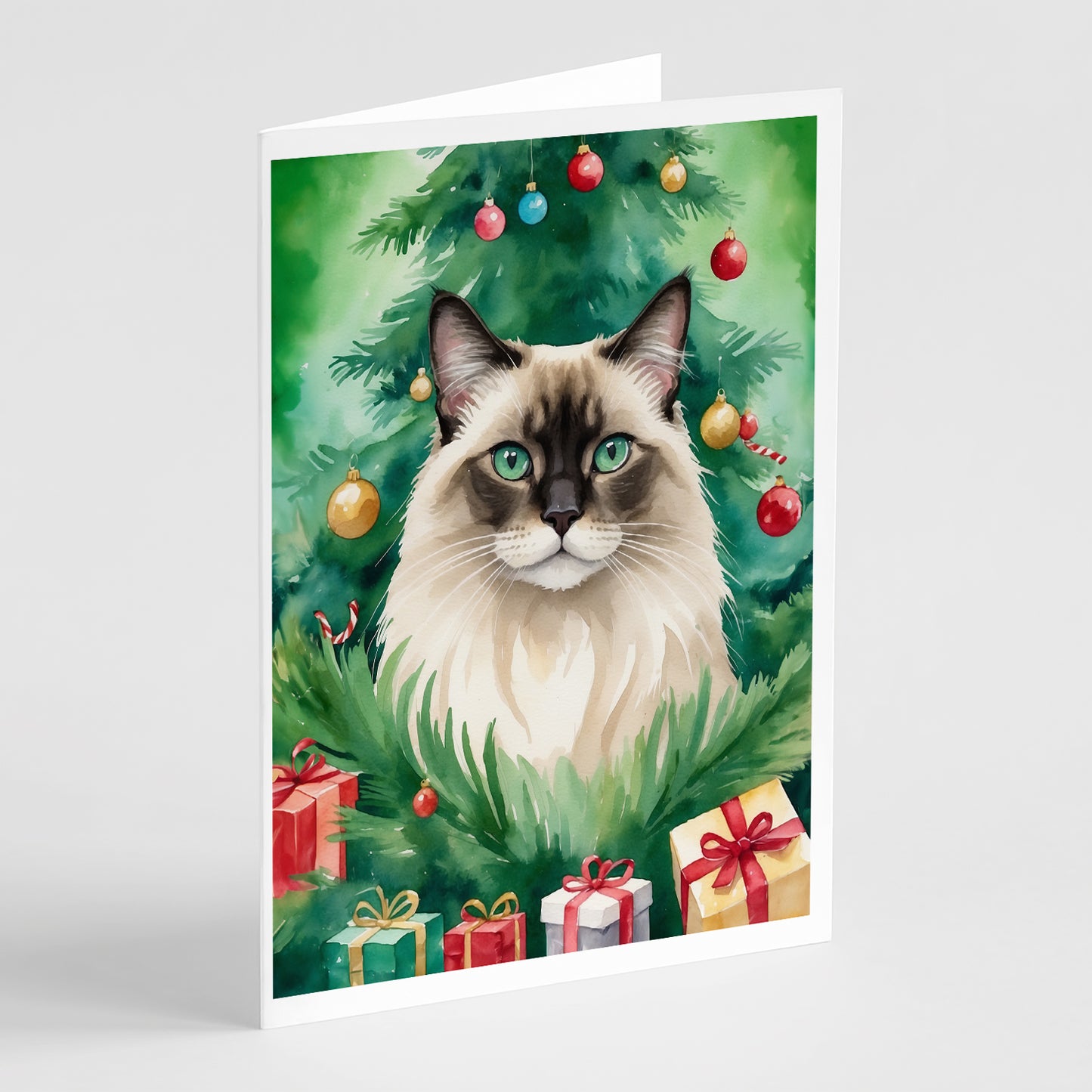 Buy this Balinese Cat By the Christmas Tree Greeting Cards Pack of 8