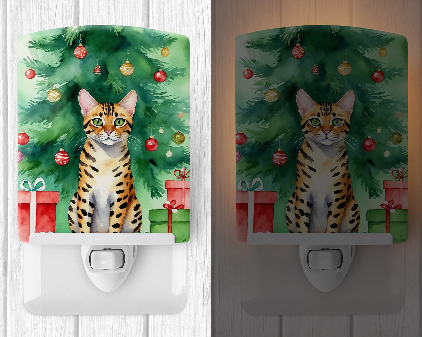 Bengal Cat By the Christmas Tree Ceramic Night Light