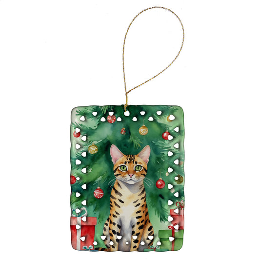 Buy this Bengal Cat By the Christmas Tree Porcelain Ornament