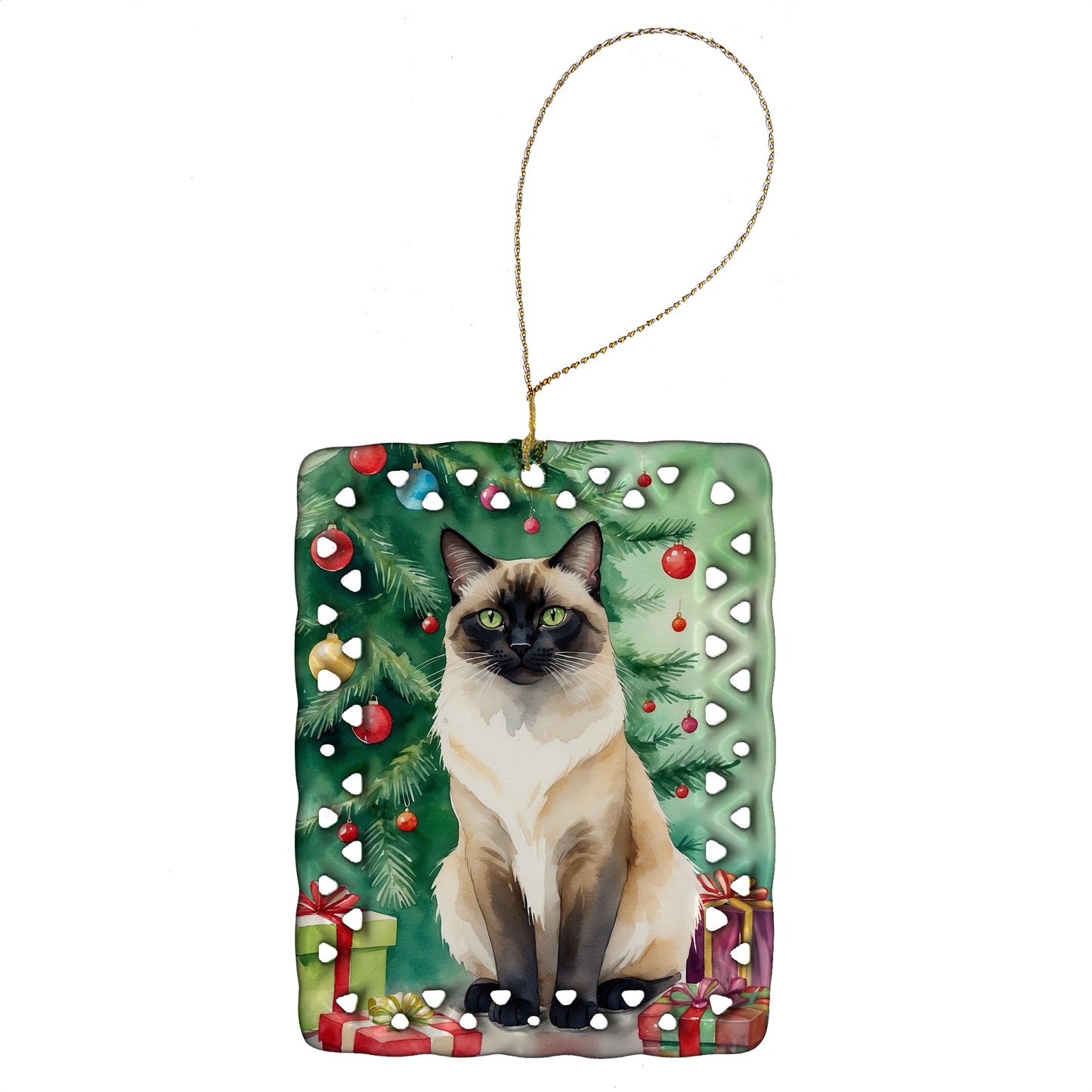 Buy this Birman Cat By the Christmas Tree Porcelain Ornament