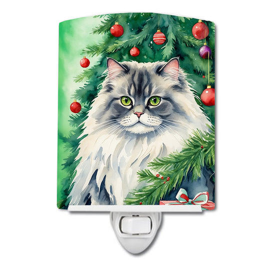 Buy this British Longhair Cat By the Christmas Tree Ceramic Night Light