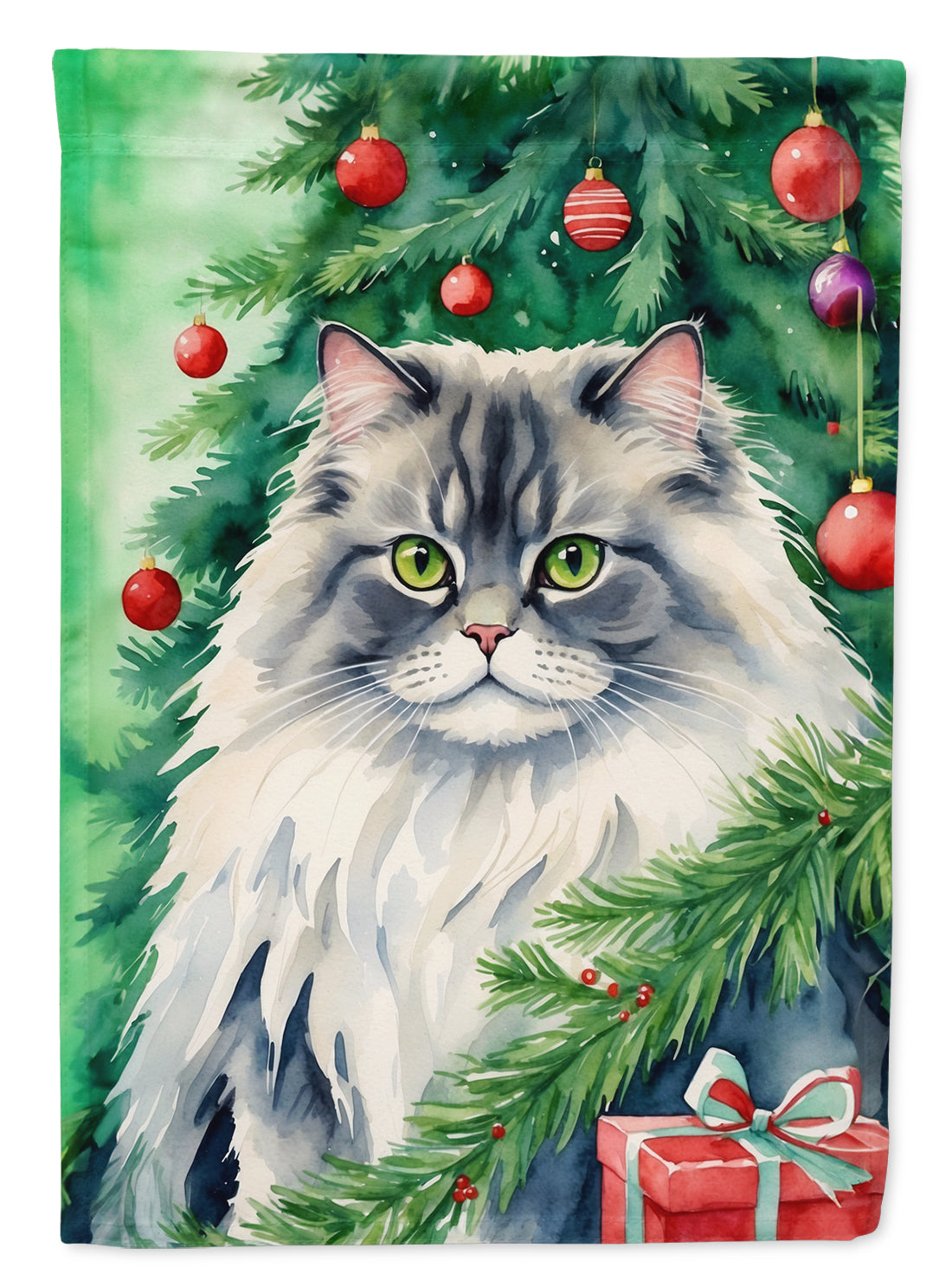Buy this British Longhair Cat By the Christmas Tree Garden Flag