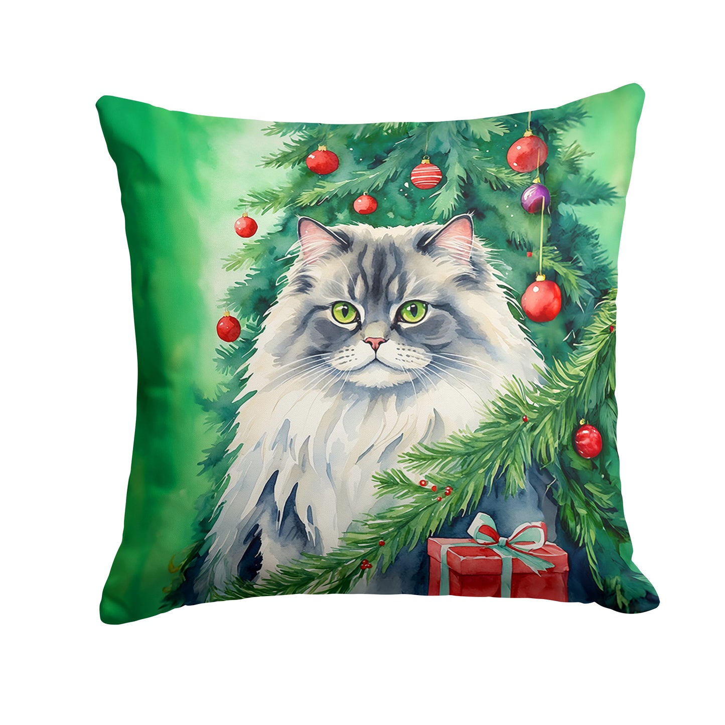 Buy this British Longhair Cat By the Christmas Tree Throw Pillow