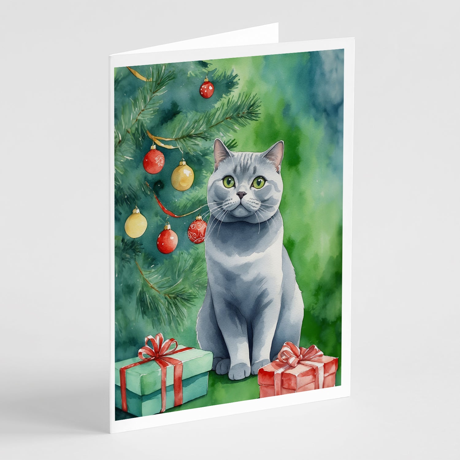 Buy this British Shorthair Cat By the Christmas Tree Greeting Cards Pack of 8