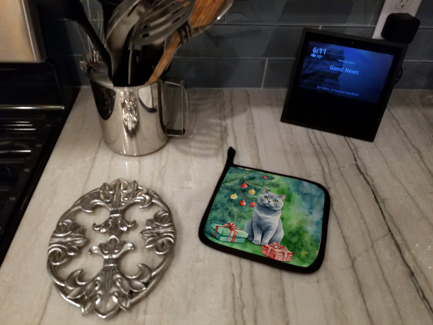 British Shorthair Cat By the Christmas Tree Pair of Pot Holders